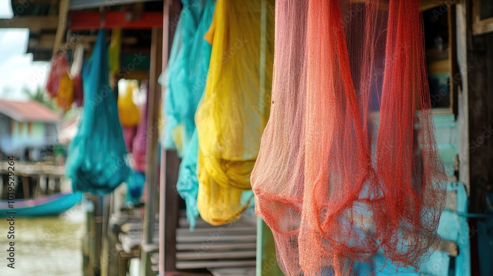 Fototapeta premium Colorful Fishing Nets Hanging Near Water