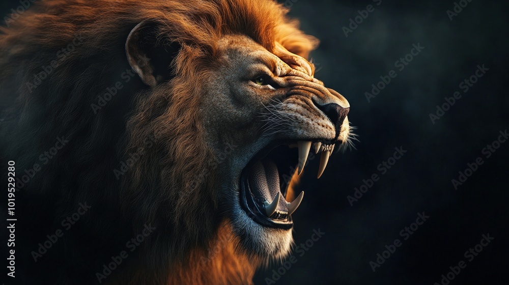 Fototapeta premium Close-up portrait of a roaring lion with a dark background.