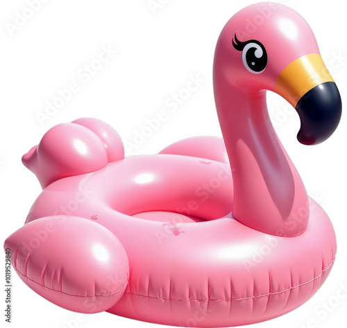 Cute inflatable pink flamingo toy on transparent background photo