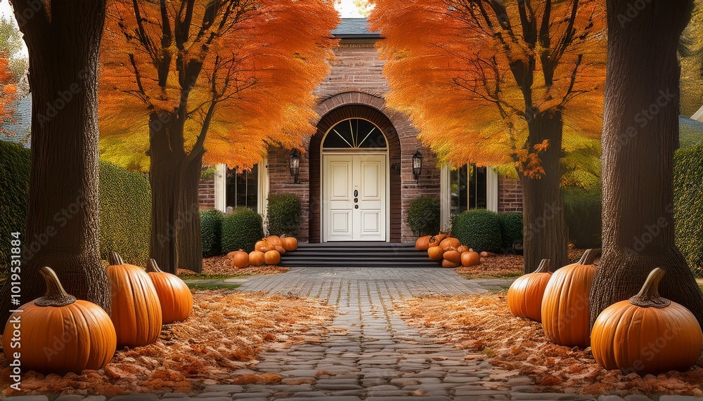 Obraz premium カボチャと紅葉に囲まれた玄関
