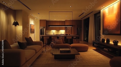 Wallpaper Mural Modern Living Room with Warm Lighting and a City View Torontodigital.ca