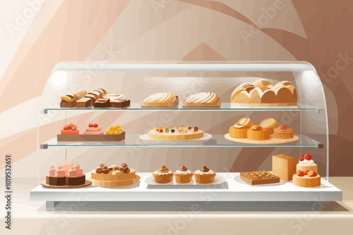 high end bakery display case, simple, modern, clean aestethic backgroundvector illustration