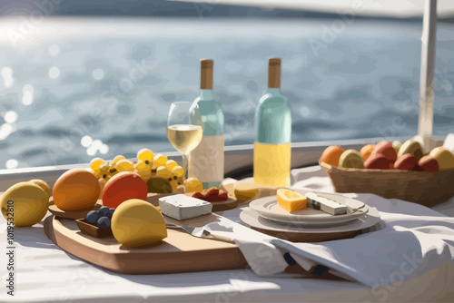 minimalistic scene of a picnic on a yacht. A simple wooden table illustration