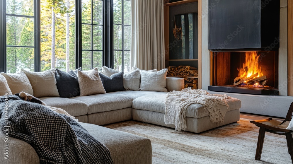 Cozy Modern Living Room with Fireplace and Large Windows Cozy Modern Living Room with Fireplace and Large Windows