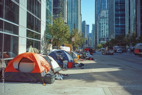 Homelessness in the City: A Tent Encampment Among Towering Skyscrapers