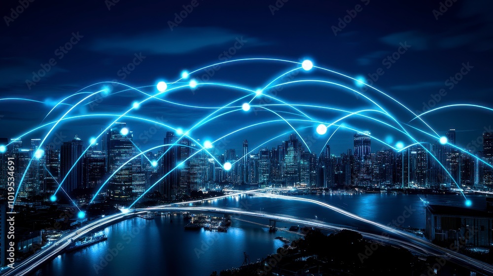 Obraz premium City Night Network Connections Urban Digital Linkage Skyline Nodes Bridge Illuminate