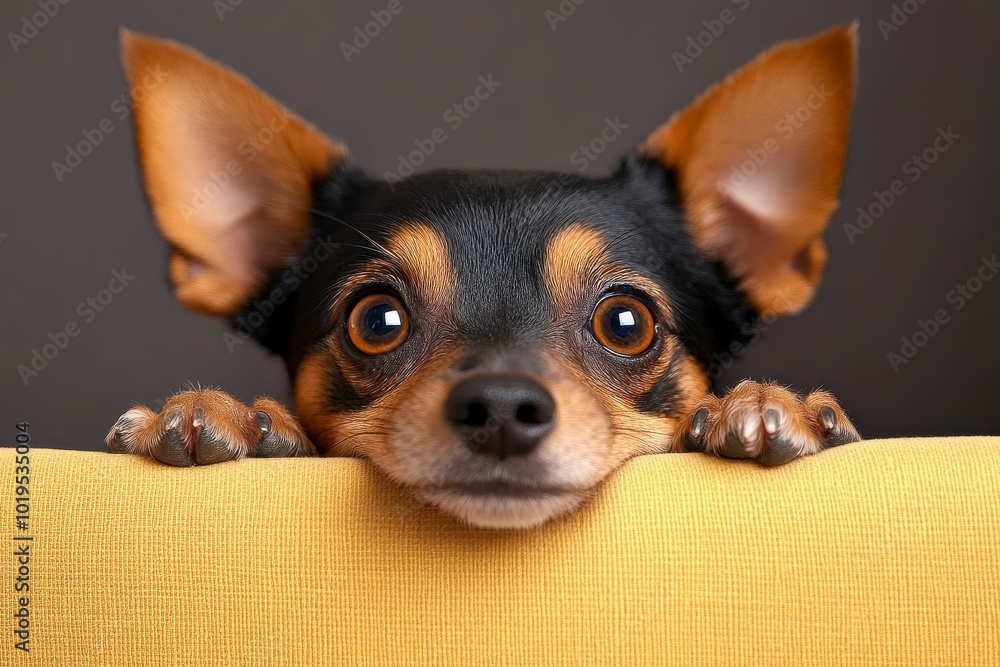Curious pup peeks over a yellow cushion, wide-eyed, playful energy, alert ears against a neutral backdrop. Curious pup peeks over a yellow cushion, wide-eyed, playful energy, alert ears against a neutral backdrop.