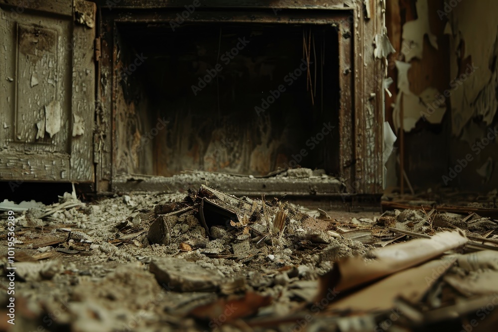 A fireplace is covered in ash and debris A fireplace is covered in ash and debris