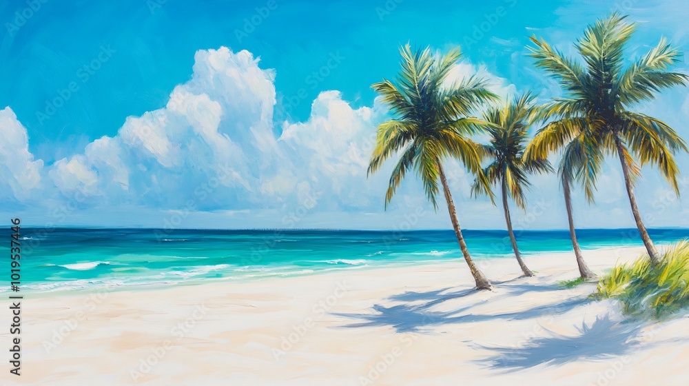 Fototapeta premium A painting of three palm trees on a white sandy beach with turquoise water and a blue sky with clouds.
