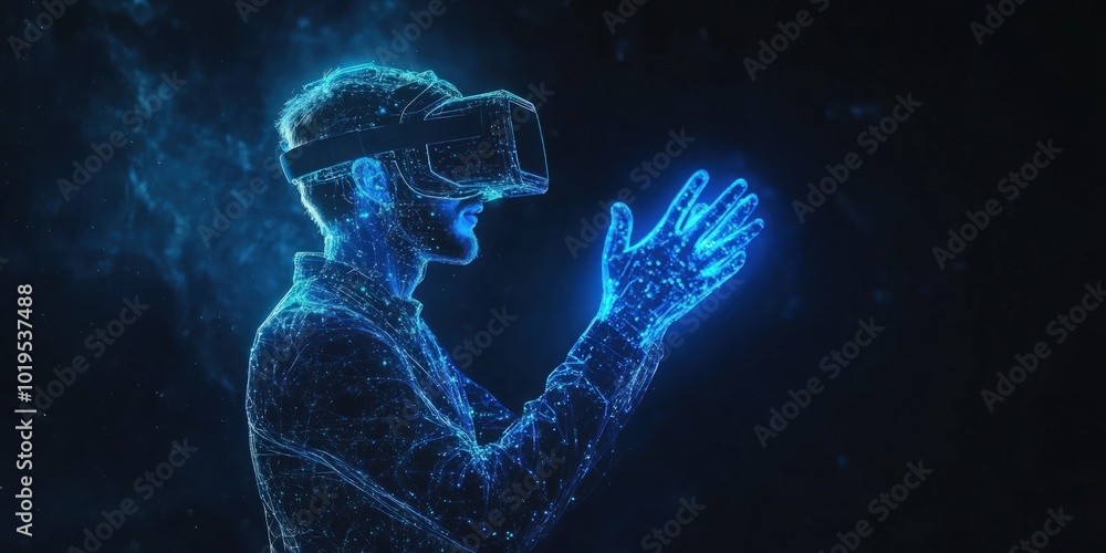 Person wearing VR headset, hands outstretched, glowing blue, digital, abstract. Person wearing VR headset, hands outstretched, glowing blue, digital, abstract.