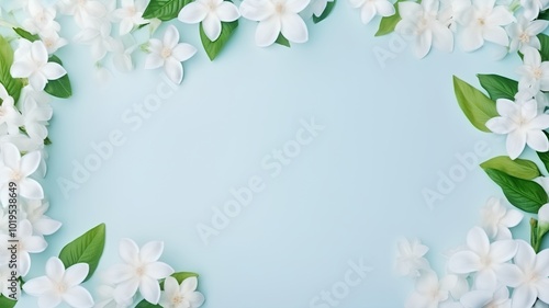 Frame of white jasmine flowers on blue background with copy space #1019538649