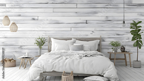 Modern Bedroom with Bright Wood and Vinyl Wall Features