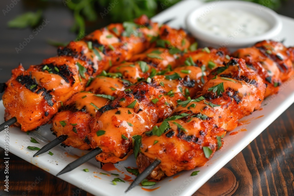 A plate of chicken skewers with a dipping sauce A plate of chicken skewers with a dipping sauce