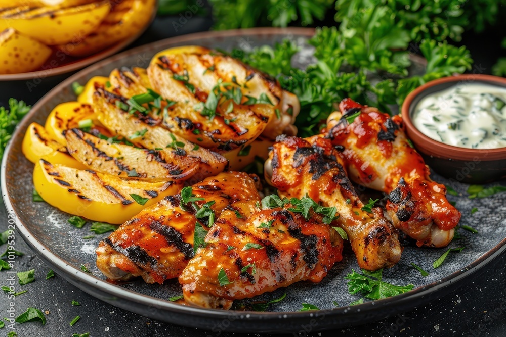 A plate of grilled chicken and vegetables with a side of dipping sauce A plate of grilled chicken and vegetables with a side of dipping sauce