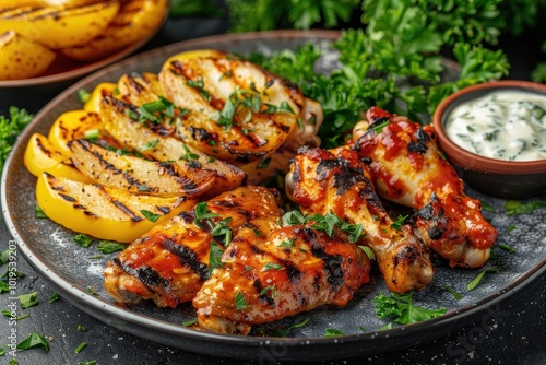 A plate of grilled chicken and vegetables with a side of dipping sauce