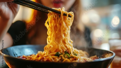 Appetizing Asian Noodle Dish Being Enjoyed with Chopsticks in a Blurred Restaurant Setting