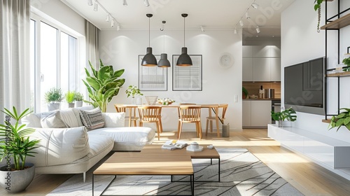 Bright modern living room interior featuring a cozy lounge area and an elegant dining table with stylish furnishings and natural light.