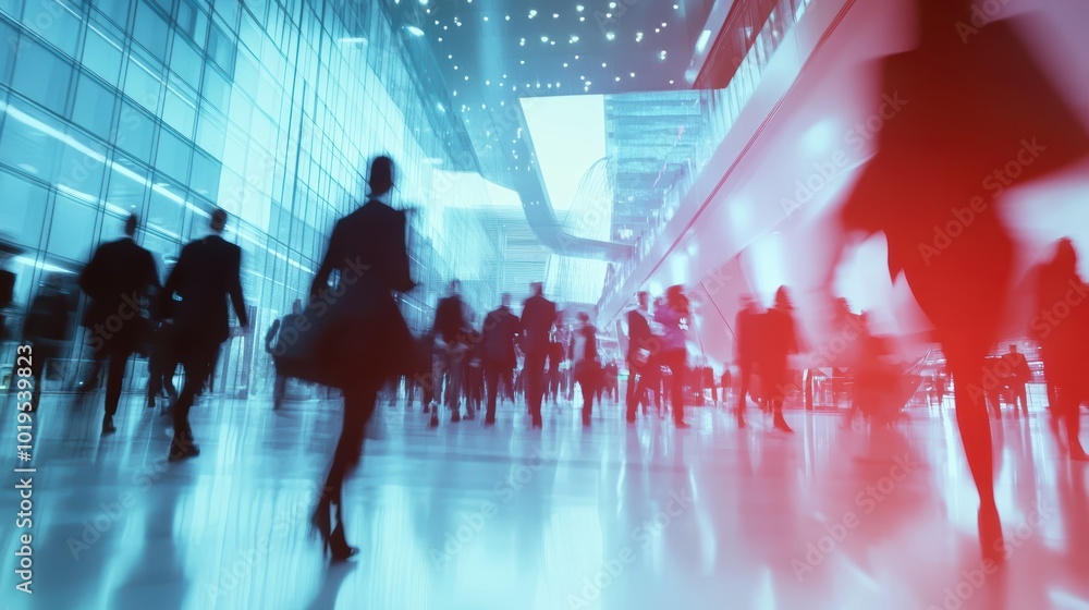 Long exposure shot of crowd of business people walking in bright office lobby fast moving with blurry, Long exposure shot of crowd of business people walking in bright office lobby fast moving with blurry,