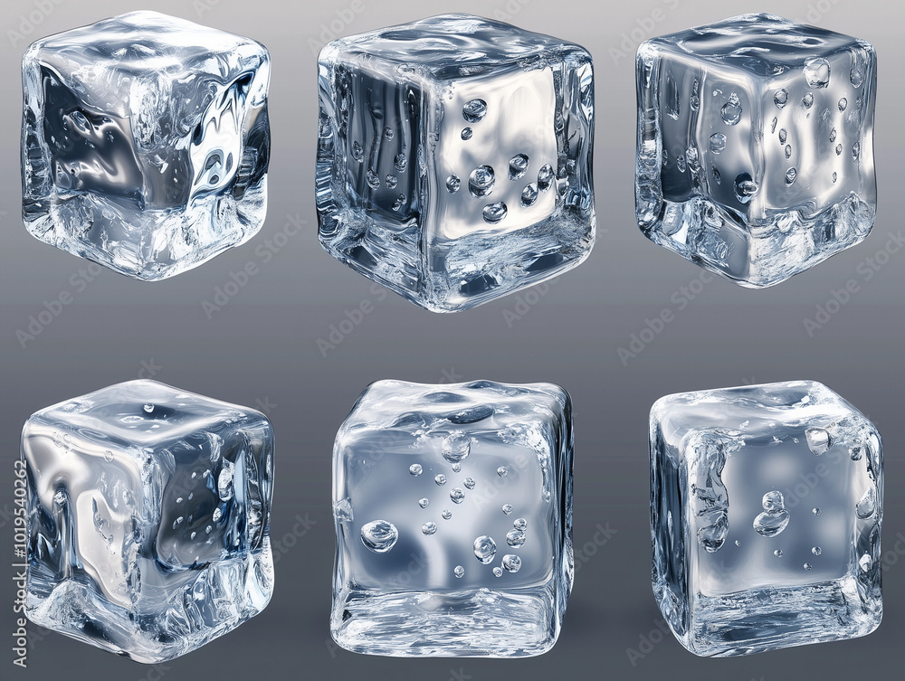 Obraz premium ice cubes with detailed water droplets on a transparent background, each cube uniquely shaped, reflecting light with high clarity