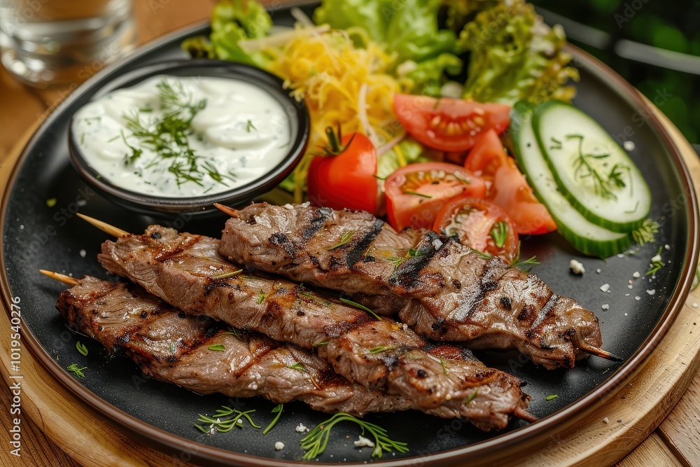 A plate of meat and vegetables with a side of sauce A plate of meat and vegetables with a side of sauce