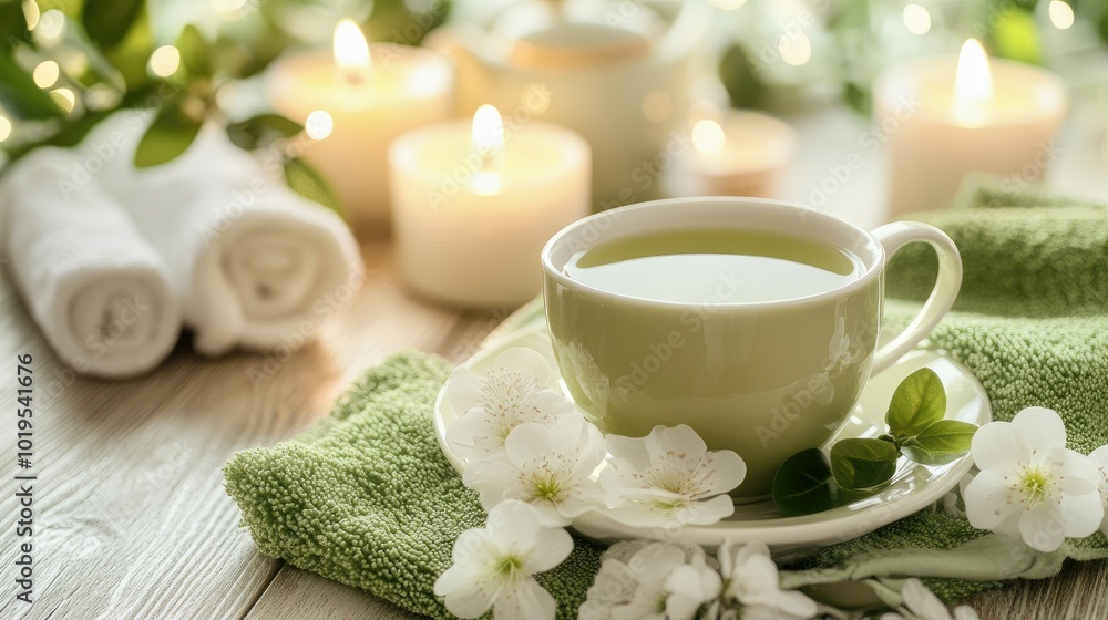 Serene Green Tea Scene with Candles and Flowers Serene Green Tea Scene with Candles and Flowers