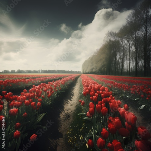 Tulip field in Holland. Spring landscape. Vintage toned photo