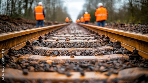 A close-up view of train tracks with a group of construction workers walking in the distance.