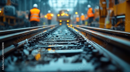 Close-up view of railroad tracks with workers in the background.