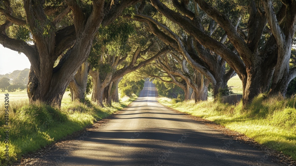 Naklejka premium Road lined with trees casting long shadows.