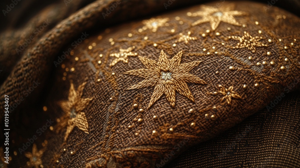 Close-up of brown fabric with gold star embroidery. Close-up of brown fabric with gold star embroidery.