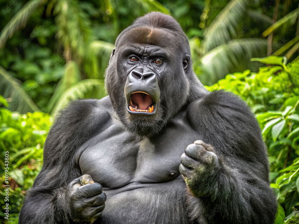 Majestic mountain gorilla displaying strength and power in lush green environment. silverbacks fierce expression captures essence of wildlife in its natural habitat Majestic mountain gorilla displaying strength and power in lush green environment. silverbacks fierce expression captures essence of wildlife in its natural habitat