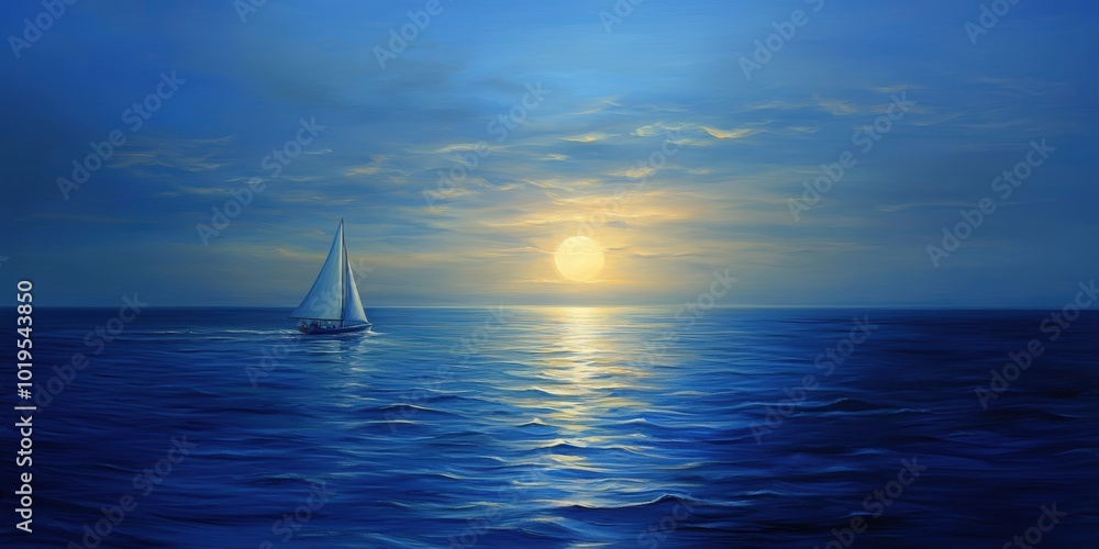Obraz premium Sailboat on blue water under a sunset.