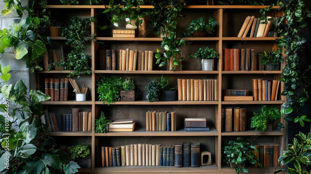 A contemporary-style bookshelf adorned with plants that serves as a modern decorative element for virtual office backdrops, studio backgrounds, or can be printed in a large format to enhance a back A contemporary-style bookshelf adorned with plants that serves as a modern decorative element for virtual office backdrops, studio backgrounds, or can be printed in a large format to enhance a back