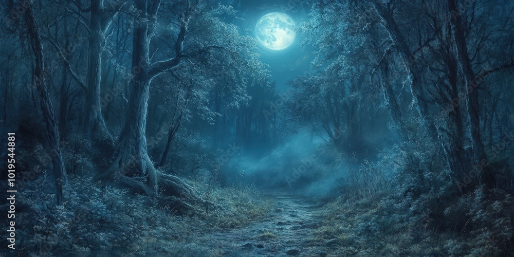 Moonlight illuminates a foggy forest path. Moonlight illuminates a foggy forest path.
