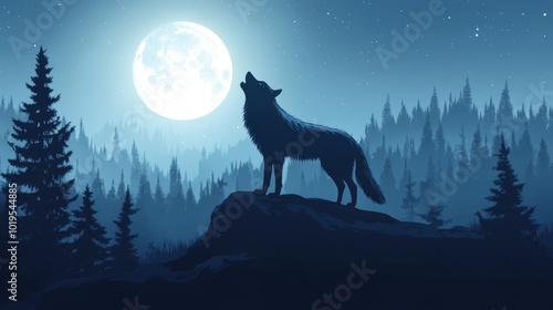 A wolf howling at the moon in a forest.