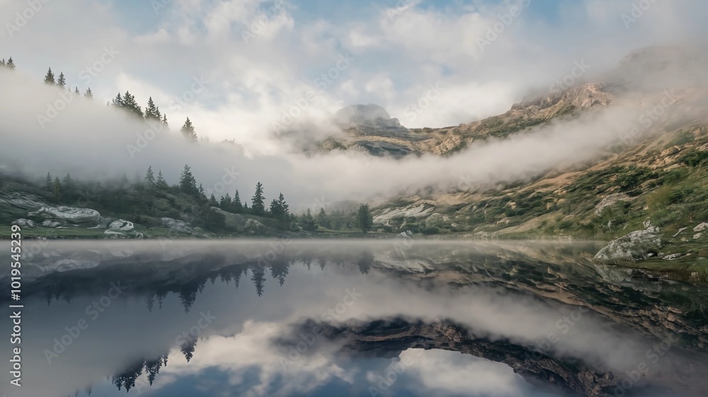 Fototapeta premium Serene Mountain Landscape with Foggy Lake Reflection