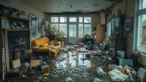 interior of a home devastated by floodwaters filled with scattered goods and debris capturing the aftermath of natural disaster with a somber and poignant atmosphere