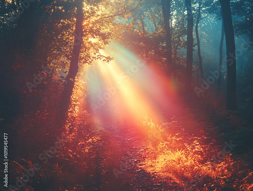 forest scene, where the sun shines brightly through the trees, creating a beautiful and tranquil atmosphere.