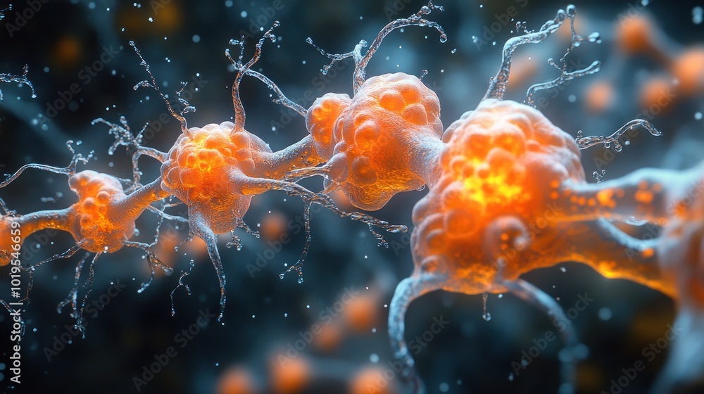 Microscopic view of neurons with glowing synapses. Microscopic view of neurons with glowing synapses.