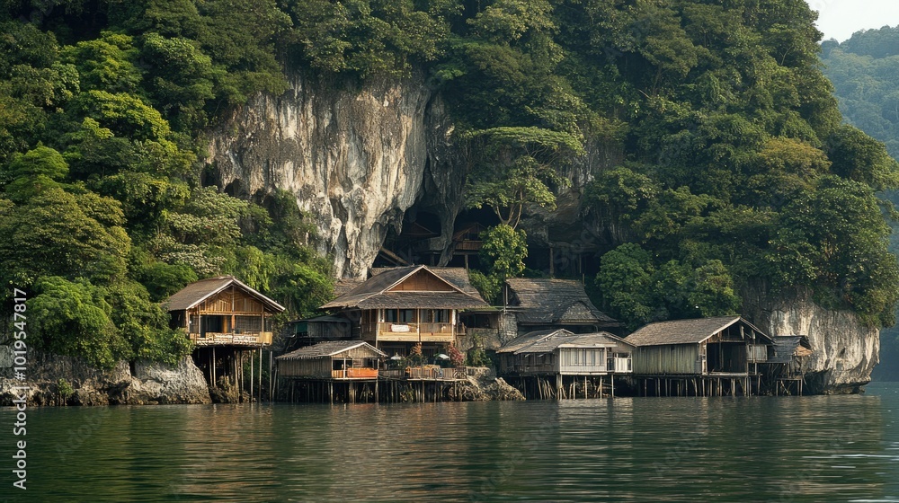 Serene Coastal Village by Rocky Cliffs and Calm Water
