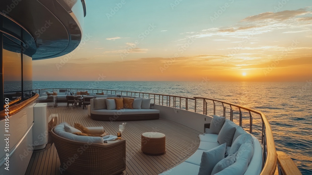 Fototapeta premium A luxurious yacht deck at sunset, offering relaxation and scenic ocean views.