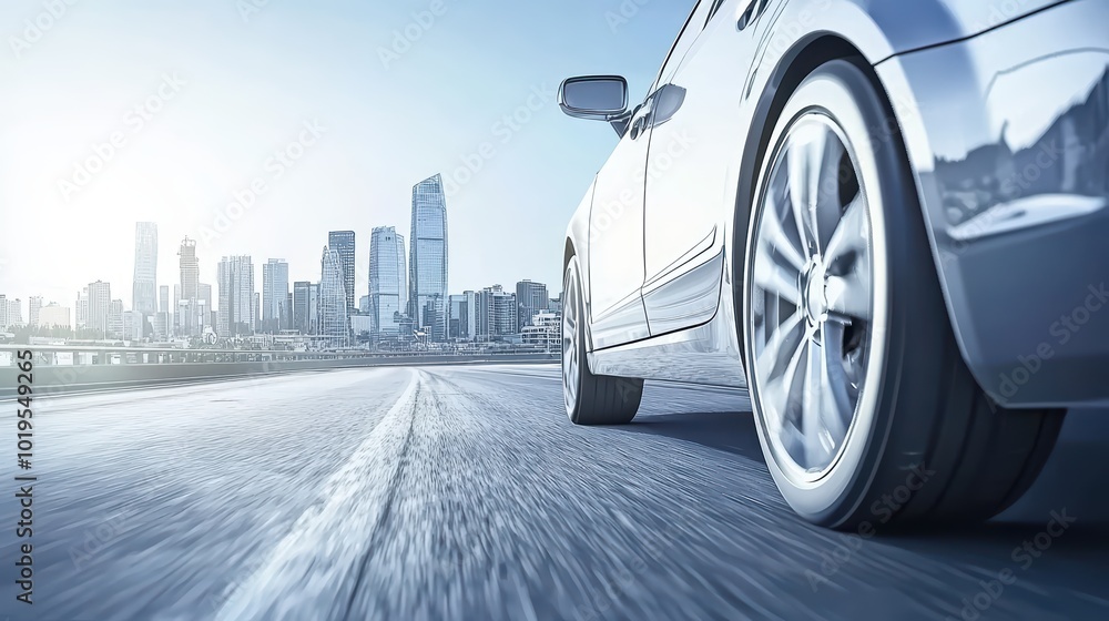 Luxury car  Wallpaper. Luxury car driving down an empty highway with a city skyline in the background, ideal for car commercials.