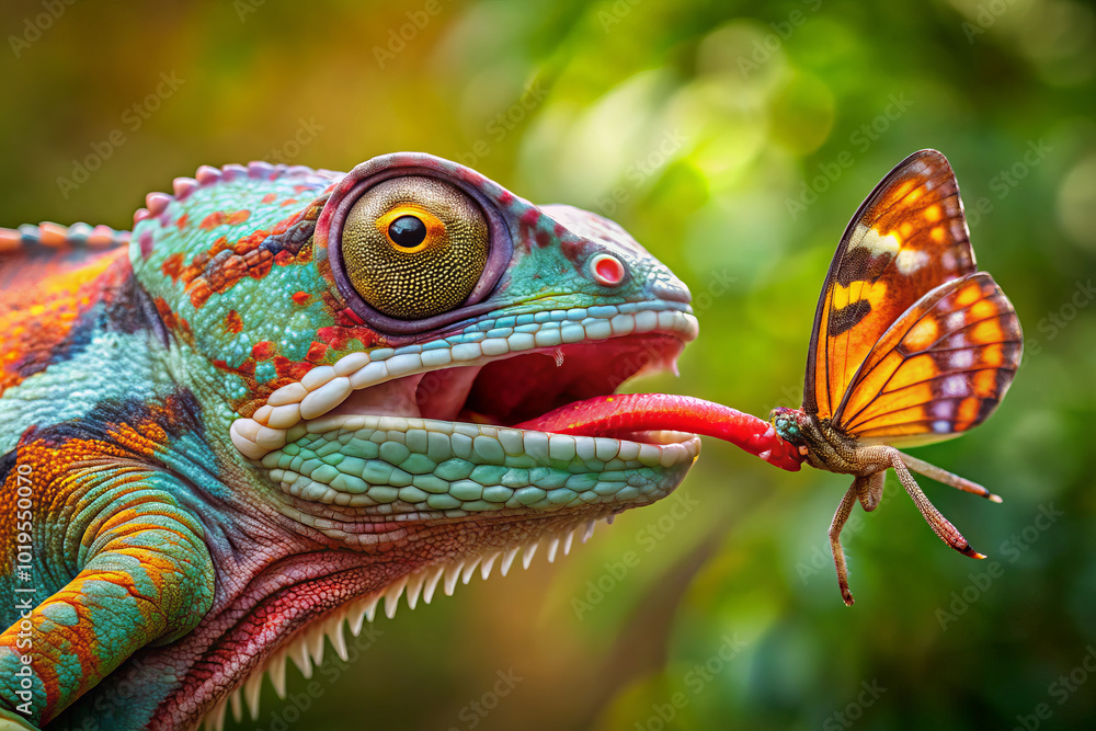 Obraz premium vibrant panther chameleon extends its tongue to catch colorful butterfly, showcasing its unique hunting technique in lush, green environment. scene captures beauty of nature and chameleons striking