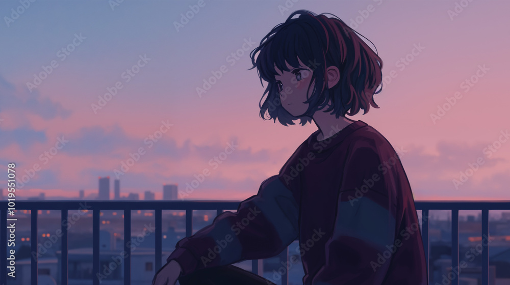 Fototapeta premium 夕暮れの屋上で街を眺める女性