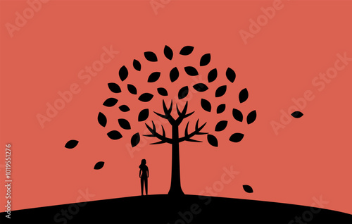 Silhouettes tree with lonely woman in flat design vector illustration.