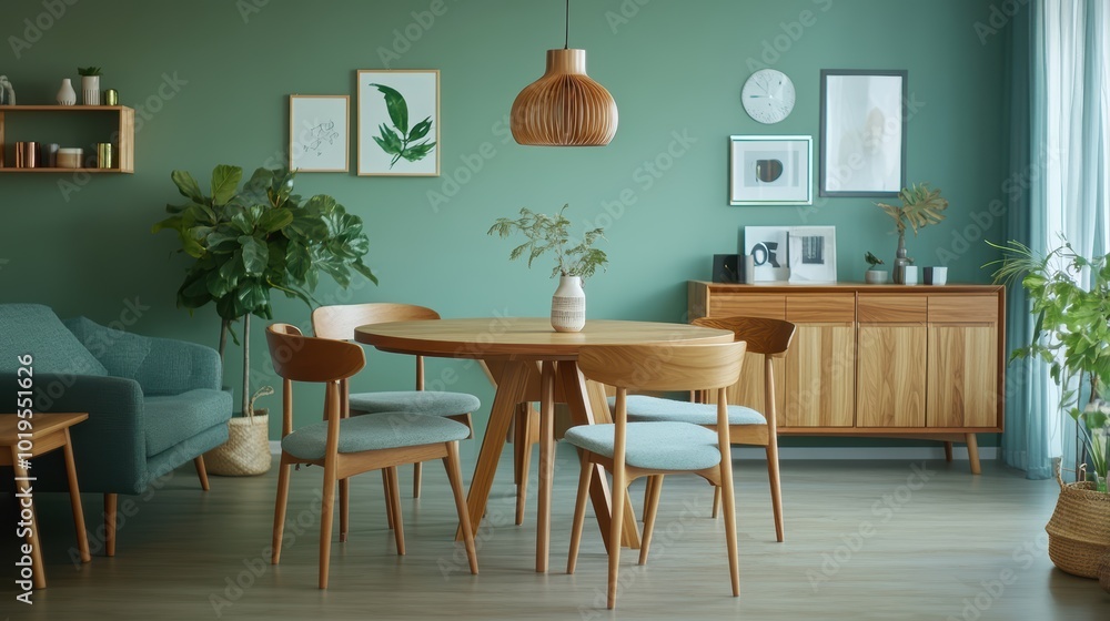 Mint color chairs at round wooden dining table in room with sofa and cabinet near green wall. Scandinavian, mid-century home interior design of modern living room. Mint color chairs at round wooden dining table in room with sofa and cabinet near green wall. Scandinavian, mid-century home interior design of modern living room.
