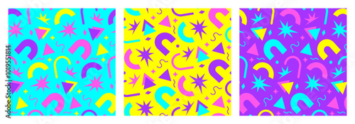 Vibrant set of seamless patterns with basic shapes. Fluorescent 90s playful colors. Simple fun trendy background. Abstract minimalist style background