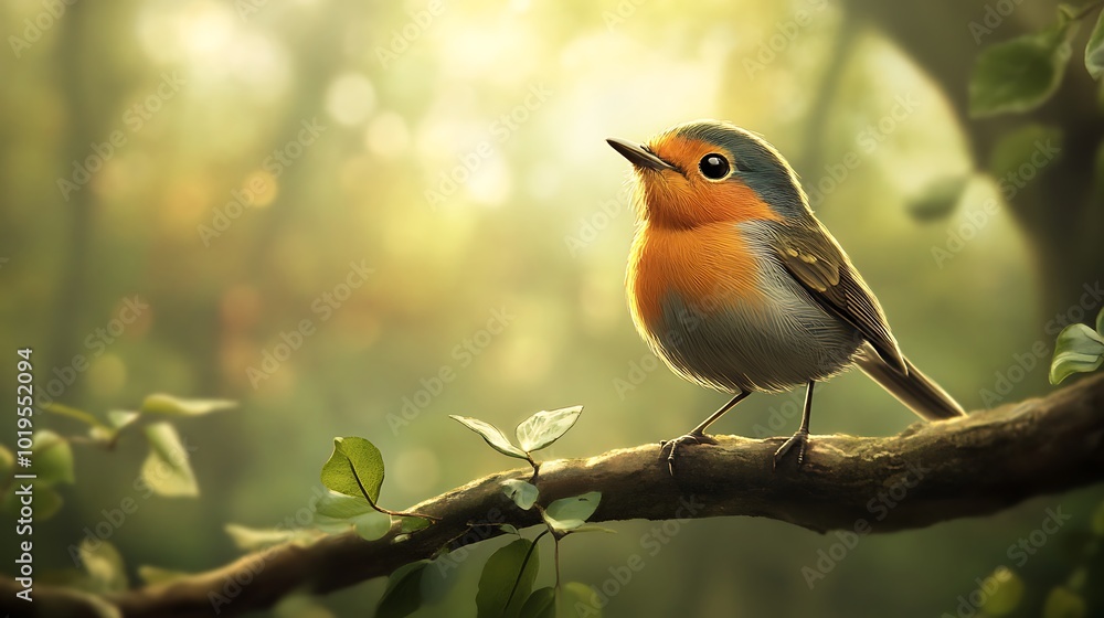 A robin perched on a branch in a forest, looking up, with warm light filtering through the trees. A robin perched on a branch in a forest, looking up, with warm light filtering through the trees.