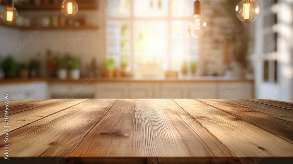 Wooden table on blurred kitchen bench background. Empty wooden table and blurred kitchen background Wooden table on blurred kitchen bench background. Empty wooden table and blurred kitchen background
