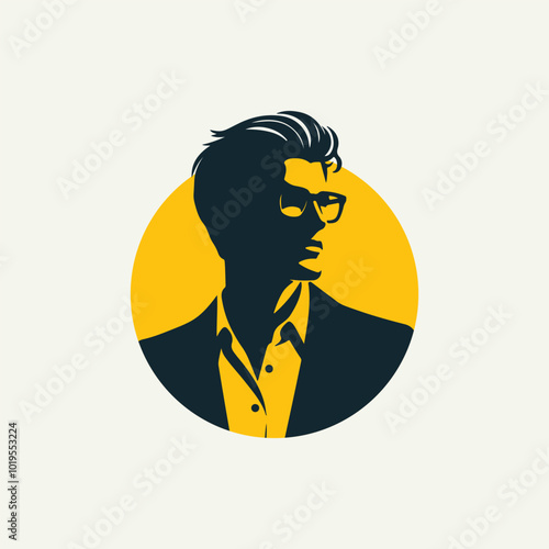 Silhouette logo of a handsome man wearing glasses on a yellow circle background
